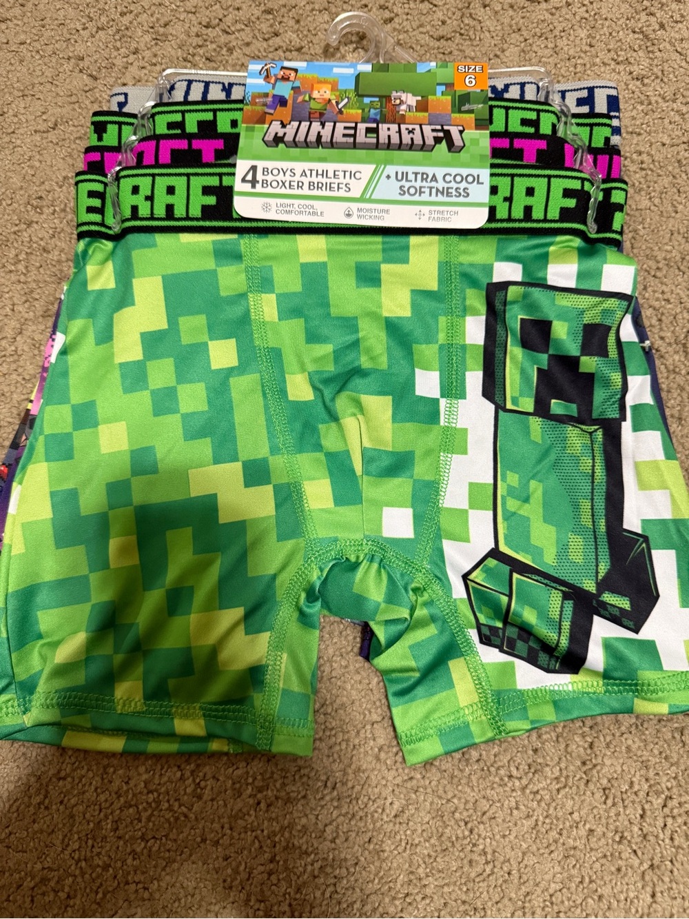 Minecraft Boys Green Pixel Creeper Athletic Boxer Briefs - Size 6